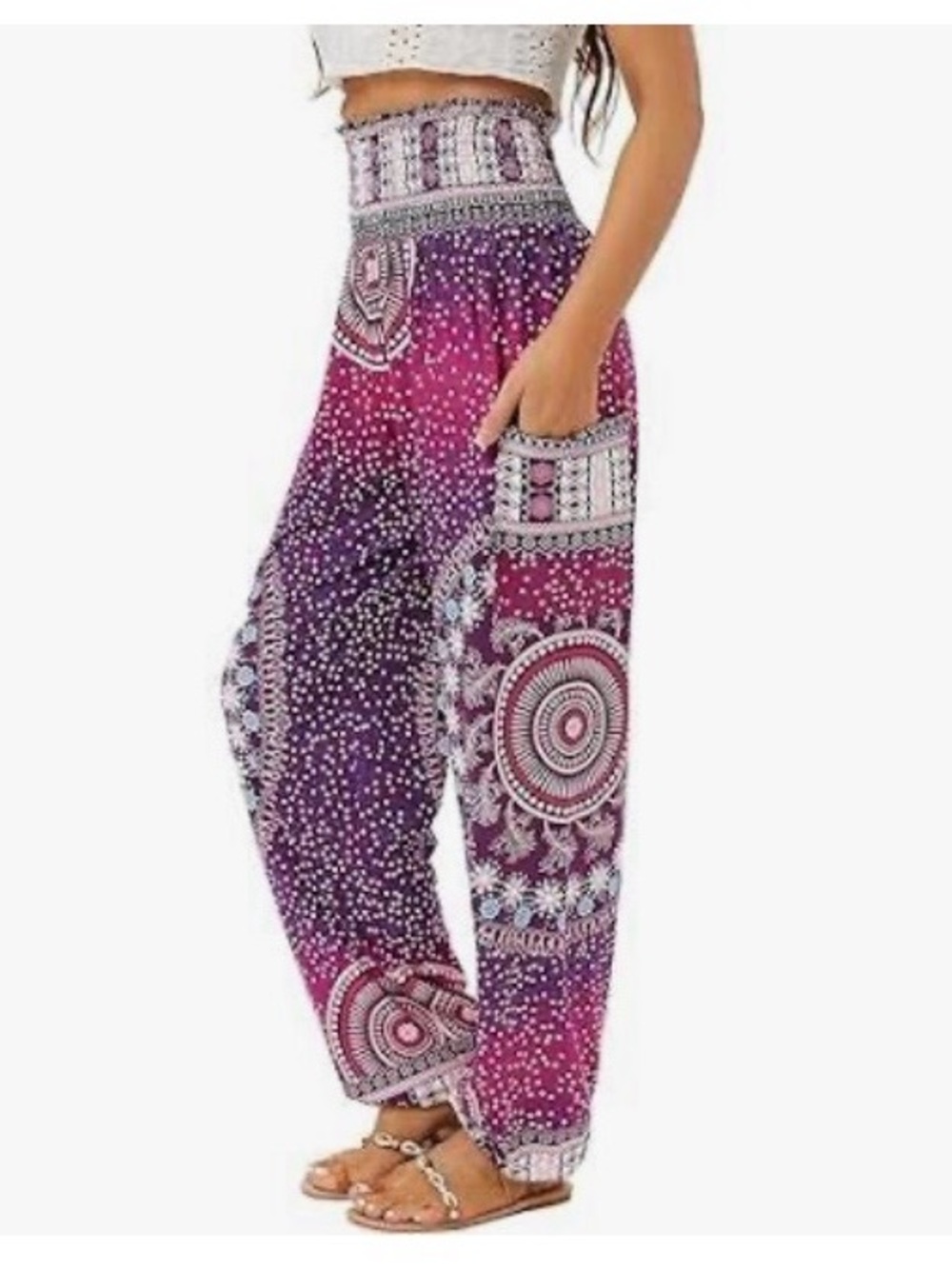 Boho High-Waist Qianxizhan Printed Harem Pants in Magenta & Purple